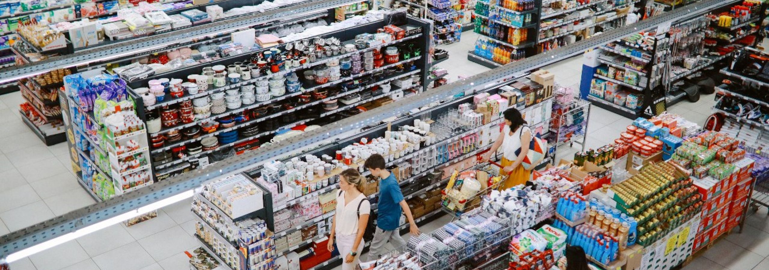 Bird's eye view of people shopping in a grocery store