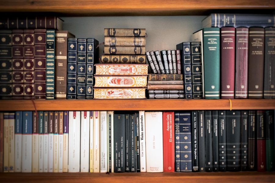 Stacks of law books on shelves